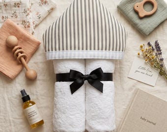 French Ticking Hooded Towel-Personalized Bath, Beach, or Pool Towel for Baby, Toddler, Kids Child’s Hoodie Towel Gray Stripe