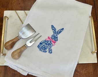 Chinoiserie Rabbit with Bow Personalized 100% Cotton Cloth Embroidered Kitchen Tea Towel-Wren Riley Designs