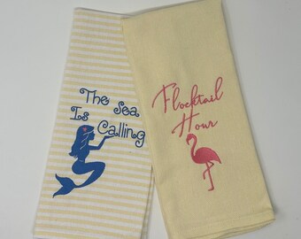 Nautical The Sea is Calling Mermaid & Flocktail Hour Flamingo 100% Cotton Embroidered Kitchen Tea Towel-Wren Riley Designs Hand Towel Set