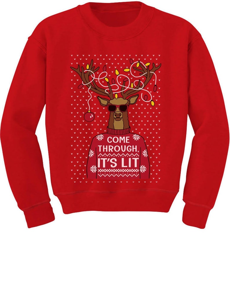 Come Through LIT Christmas Reindeer Lights Ugly Youth Kids Sweatshirt