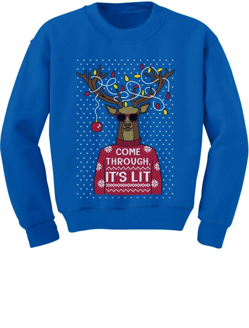 Come Through LIT Christmas Reindeer Lights Ugly Youth Kids Sweatshirt