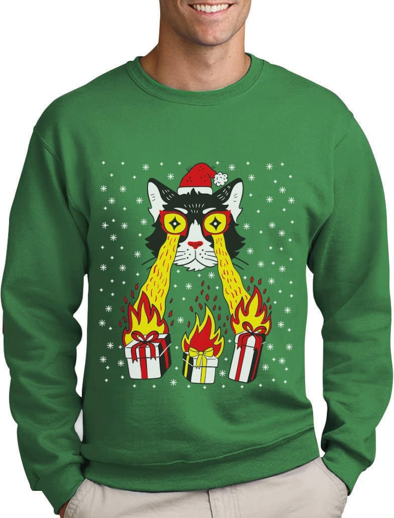 Holidays Funny Laser Eyes Xmas Cat Ugly Christmas Youth Kids Long Sleeve T-Shirt