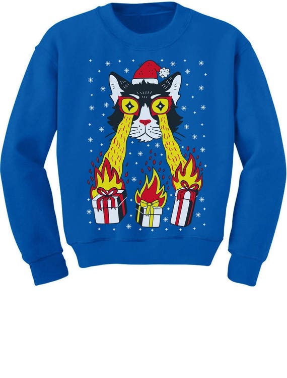 Holidays Funny Laser Eyes Xmas Cat Ugly Christmas Youth Kids Long Sleeve T-Shirt