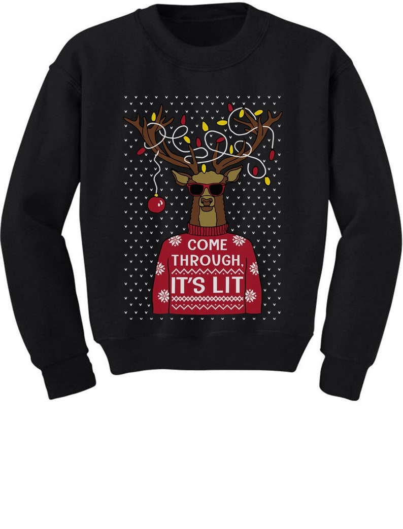 Come Through LIT Christmas Reindeer Lights Ugly Youth Kids Sweatshirt
