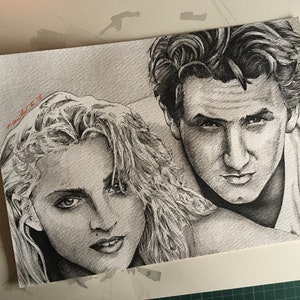 Madonna & Sean Penn Original watercolour Painting / pen drawing .Fan-ART A4. image 3