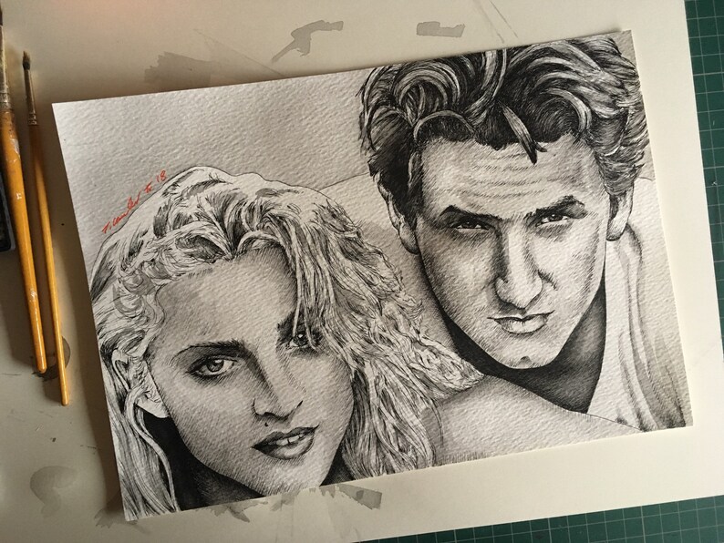 Madonna & Sean Penn Original watercolour Painting / pen drawing .Fan-ART A4. image 3