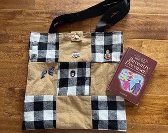 Handmade Beetlejuice Patchwork Tote Shoulder Bag with pins and Handbook for the Recently Deceased. Cosplay up-cycled repurposed clothes