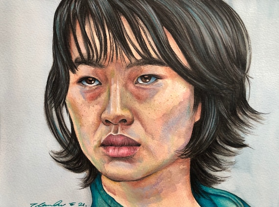 色鉛筆画　絵画　ゲームの絵　原画　A4大(約22cm×30cm) イカゲームオリジナル鉛筆画。A4ファンアート。プレイヤー067