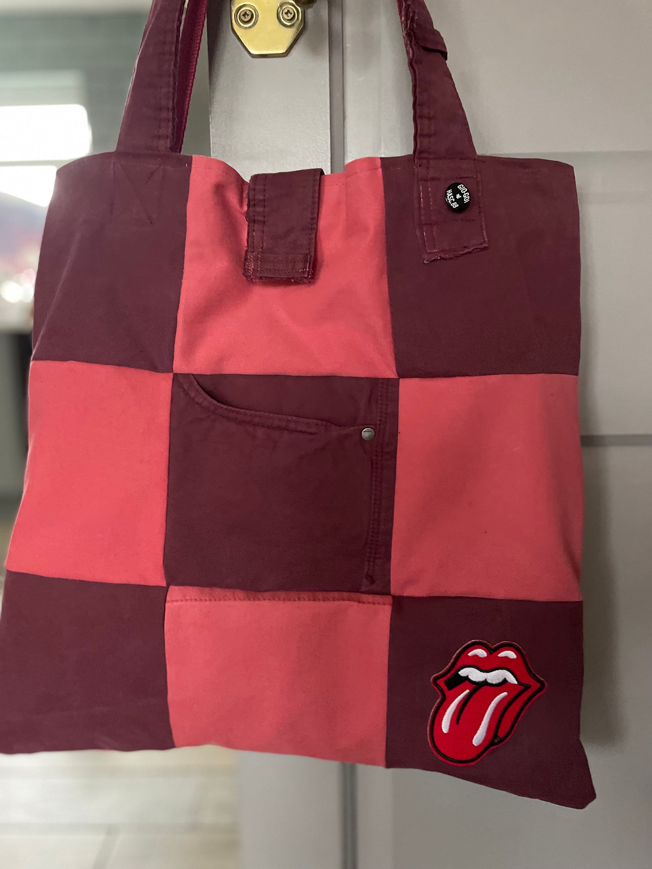 Handmade pink Denim Patchwork Tote Shoulder Bag with patches. up-cycled /repurposed jeans/ chinos /cords with The Rolling Stones patch