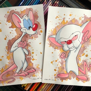 Pinky and the Brain pencil drawing / painting x 2  .Fan-ART a4 .