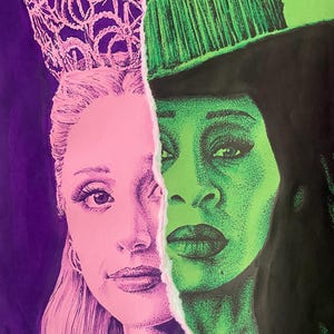 Wicked original pen drawing Fan-art signed . Uk A4 size .Elphaba Glinda Ariana Grande Cynthia Erivo