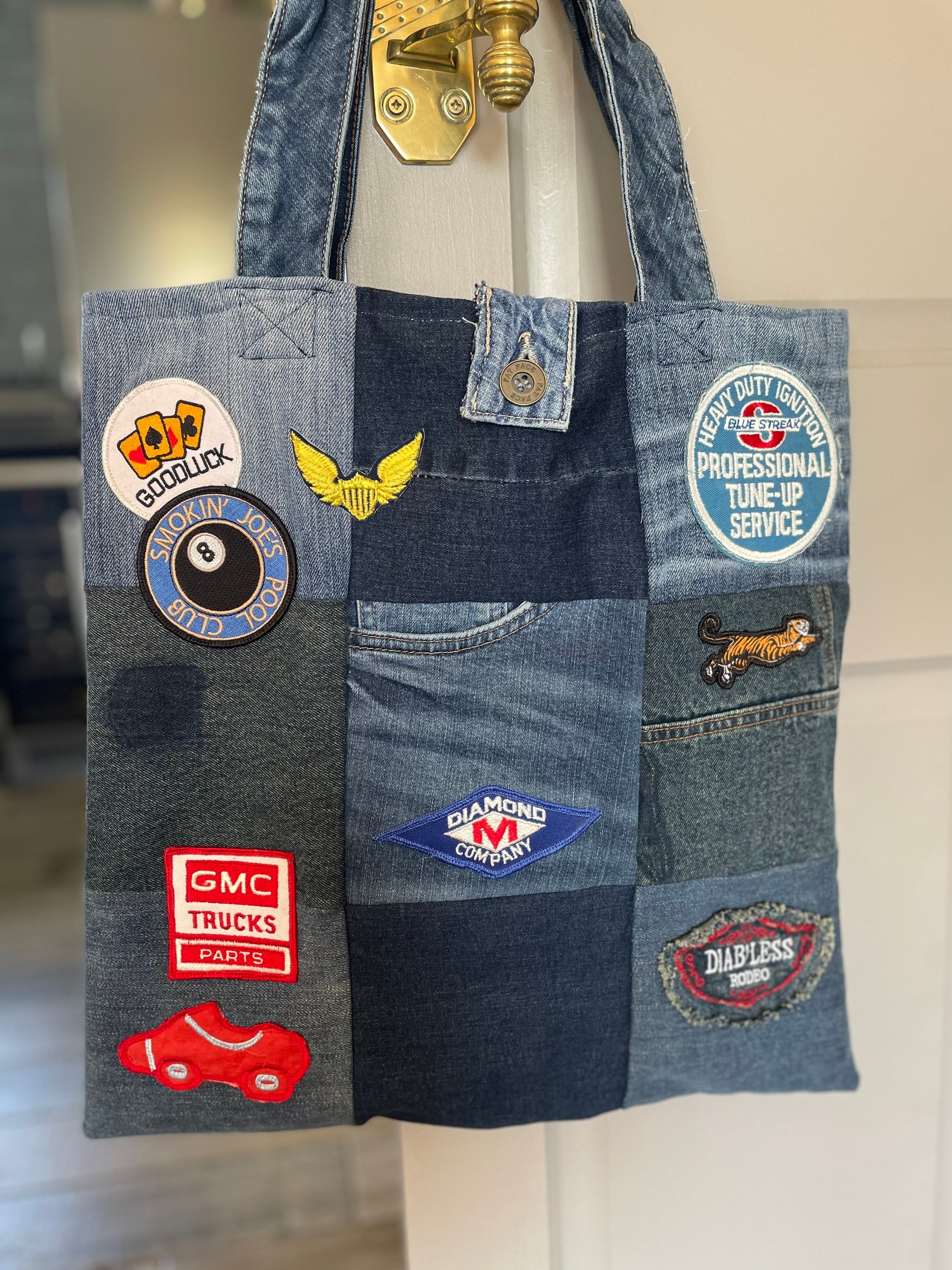 Handmade Denim Patchwork Tote Shoulder Bag With Up-cycled