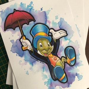 PRINT.... Jiminy Cricket .. Pinocchio  ... Original Fan-art ..  . signed print . Disney