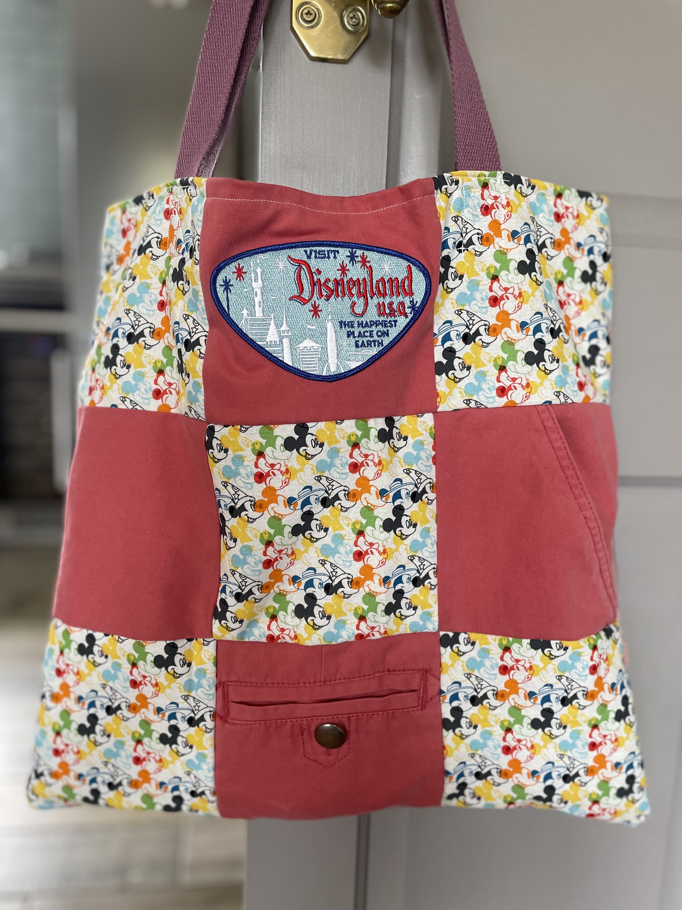 Handmade pink Patchwork Tote Shoulder Bag with up-cycled / repurposed cords/ chinos  OOAK Disneyland Disney Mickey Mouse