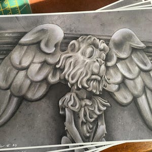 PRINT .. Return to Oz .. signed fan-art . uk A4 size . Flying Monkey Statue The Emerald City Li-mon-eag