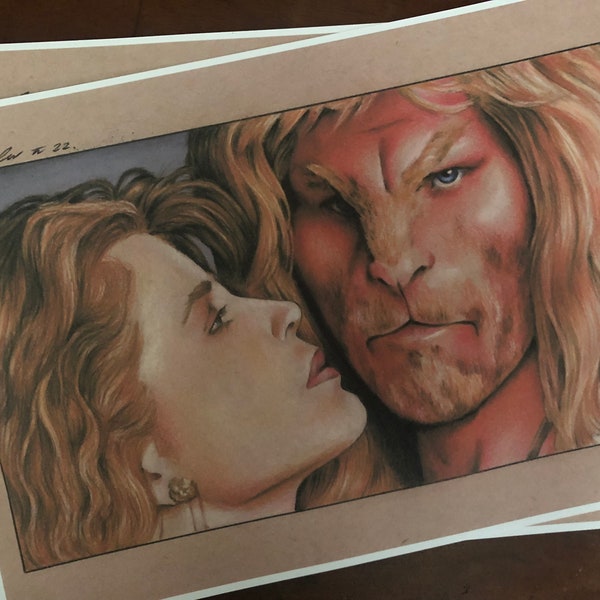 PRINT ... Beauty & the Beast TV series . . signed Fan-ART A4. Ron Perlman Linda Hamilton