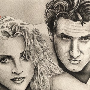 Madonna & Sean Penn Original watercolour Painting / pen drawing .Fan-ART A4. image 1