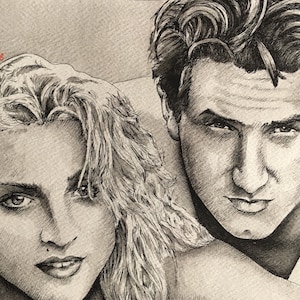 Madonna & Sean Penn Original watercolour Painting / pen drawing .Fan-ART A4.