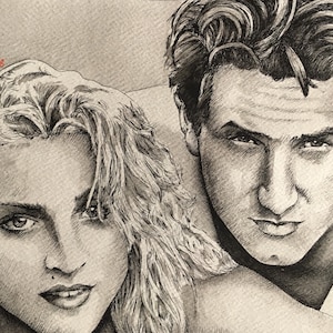 Madonna & Sean Penn Original watercolour Painting / pen drawing .Fan-ART A4. image 1