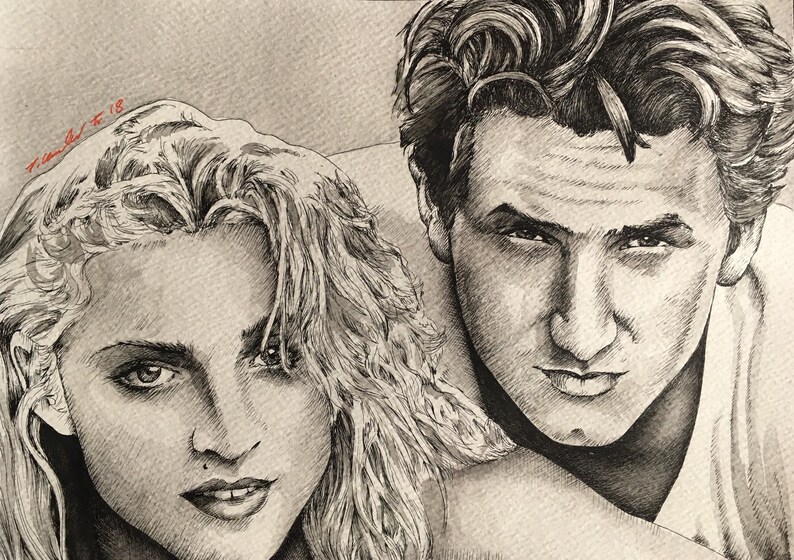 Madonna & Sean Penn Original watercolour Painting / pen drawing .Fan-ART A4. image 1