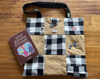 Handmade Beetlejuice Patchwork Tote Shoulder Bag with pins and Handbook for the Recently Deceased. Cosplay up-cycled repurposed clothes