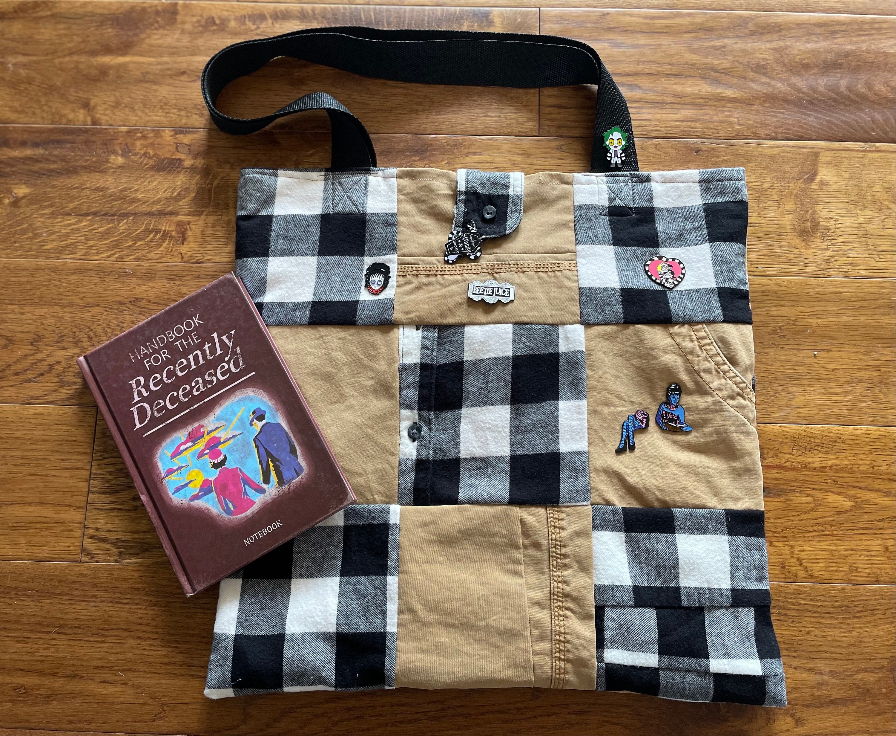 Handmade Beetlejuice Patchwork Tote Shoulder Bag With Pins and Handbook for  the Recently Deceased. Cosplay Up-cycled Repurposed Clothes - Etsy