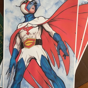 AFDRUKKEN... Slag om de planeten. gesigneerde fanart op A4-formaat. Cartoon Gatchaman uit de jaren 80