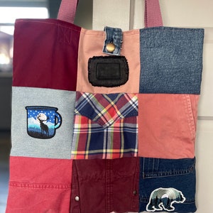 Handmade pink Denim Patchwork Tote Shoulder Bag with up-cycled / repurposed jeans/ chinos  OOAK with reworked Levi’s patch