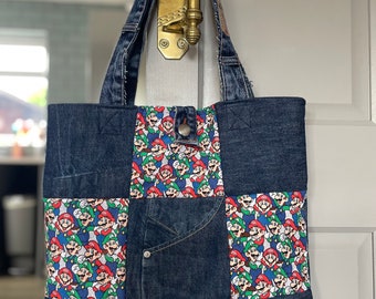 Handmade Denim Patchwork Tote Shoulder Bag with up-cycled repurposed Levi  jeans Mario Luigi OOAK
