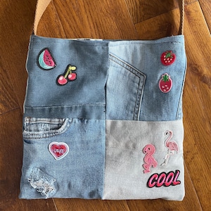 Handmade small Denim Patchwork Tote Shoulder Bag with up-cycled / repurposed jeans & patches  . Child size / Toddler ?