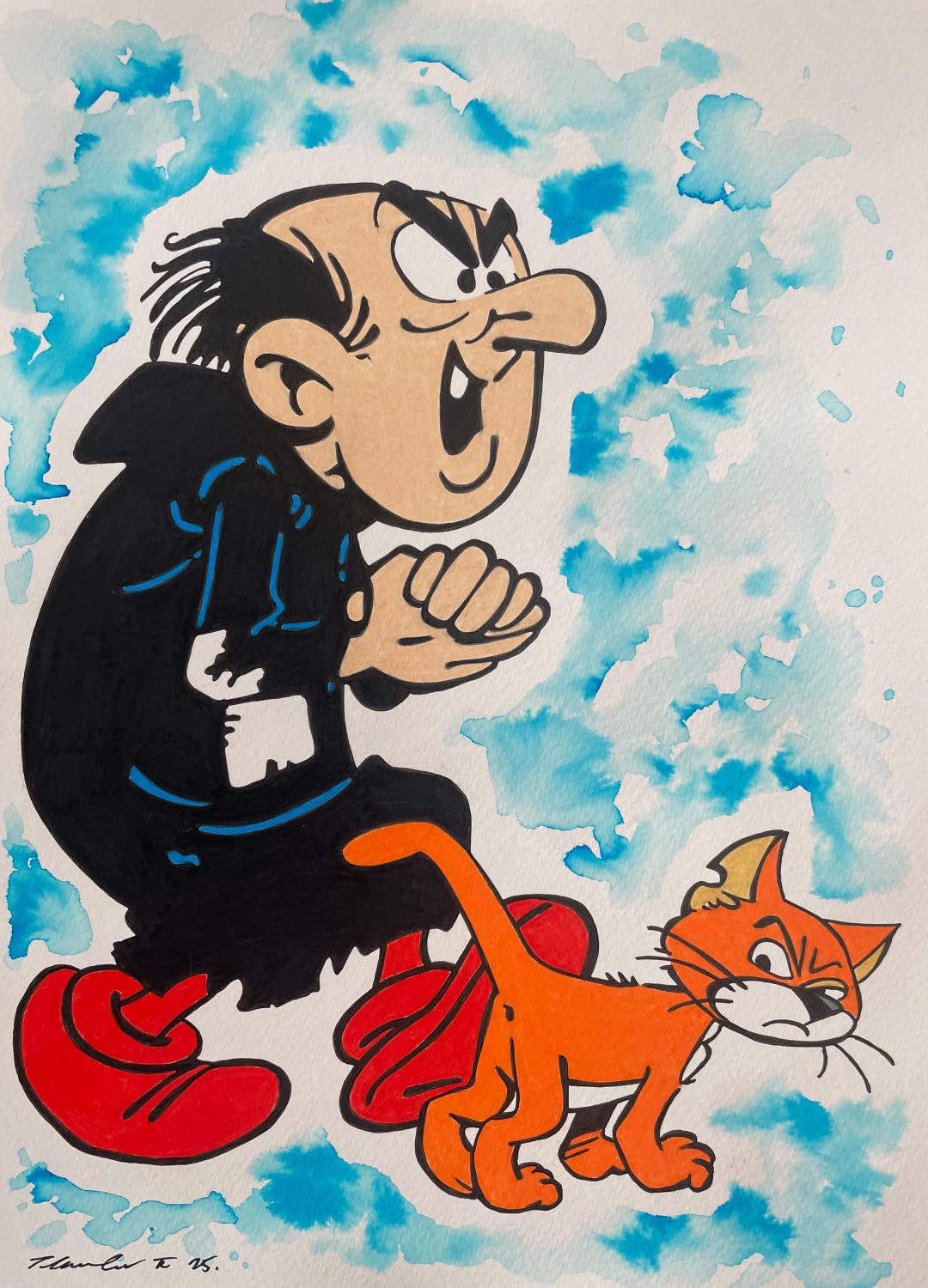 Gargamel & Azrael Fan-art Original Pen / Ink Drawing . Uk A4 Size