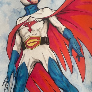 Battaglia dei Pianeti .. Fan-art firmato formato A4 . Cartone animato Gatchaman anni '80