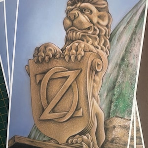 PRINT .. Return to Oz .. signed fan-art . uk A4 size . Lion Statue Emerald City
