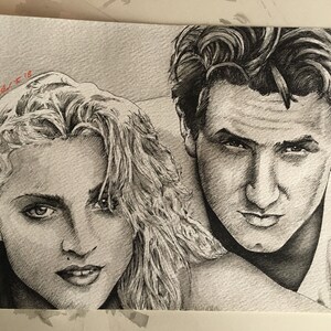 Madonna & Sean Penn Original watercolour Painting / pen drawing .Fan-ART A4. image 2