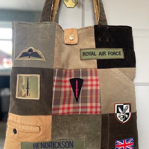Handmade khaki corduroy Patchwork Tote Shoulder Bag with Forces patches. up-cycled / repurposed cords OOAK Army RAF marines commando uk