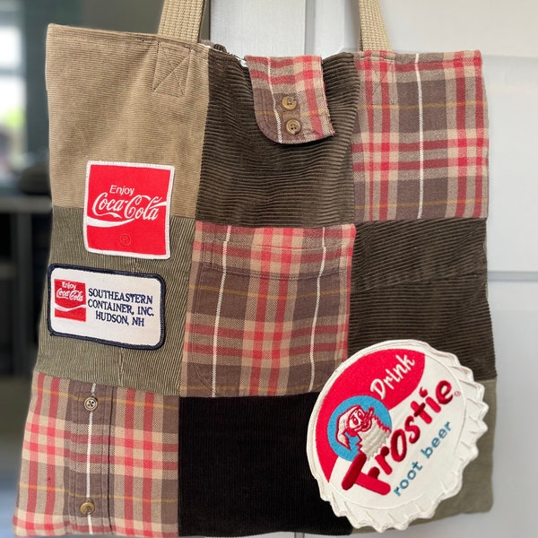 Handmade khaki corduroy Patchwork Tote Shoulder Bag with patches. up-cycled / repurposed cords OOAK Coca Cola / Frostie root beer