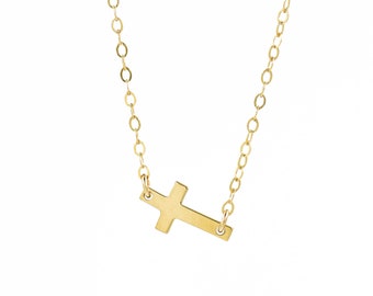 Dainty Side Cross Necklace, Gold Vermeil or Sterling Silver, Custom Length