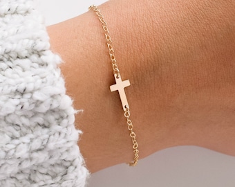 Gold Vermeil Sideways Cross Bracelet, Sterling Silver, Dainty Asymmetrical Cross