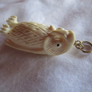 Antique Carved Bone Figural Owl with Gemstone Eyes Necklace Pendant