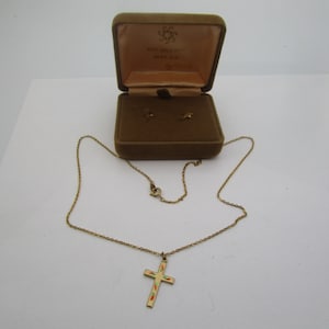 14 K Gold Filled Fancy Enameled Christian Cross Necklace & Matching Pierced Earrings in Case
