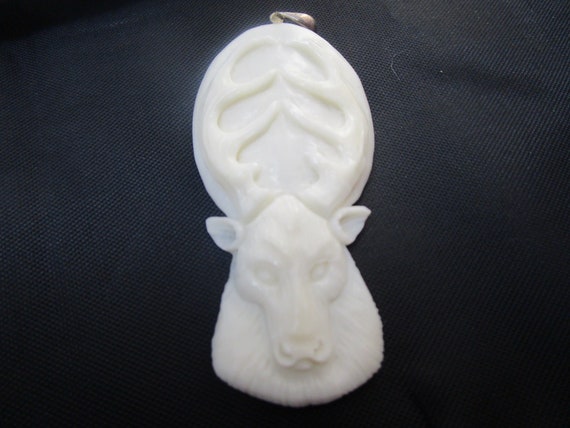 Vtg Sterling Silver & Carved Bone ? Large Pendant Carved Stag
