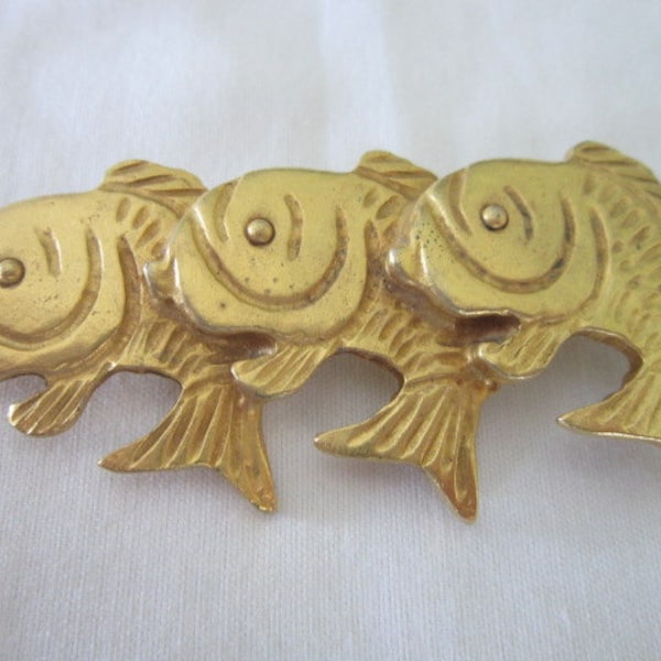 Vintage Tancer II 3 Fish LargeGold Tone Brooch Pin Great