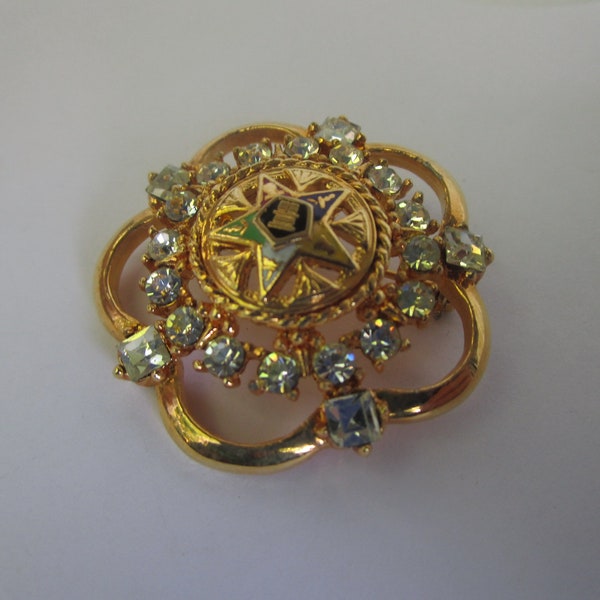 Beautiful Fraternal Eastern Star Gold Tone Brooch with Bright Shiny Rhinestones