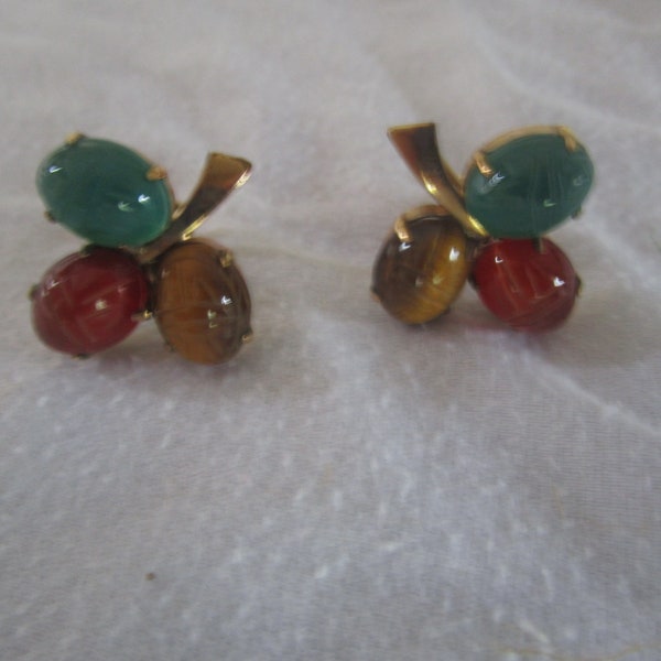 Antique Gold Filled Screw Back Earrings with Semi Precious Stone Scarabs