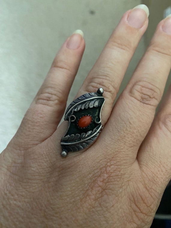Vintage Native American Sterling Silver & Coral F… - image 1