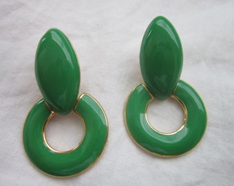 Vintage Large Dangle Monet Green Enamel Earrings Zazzy