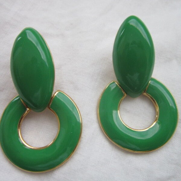 Vintage Large Dangle Monet Green Enamel Earrings Zazzy