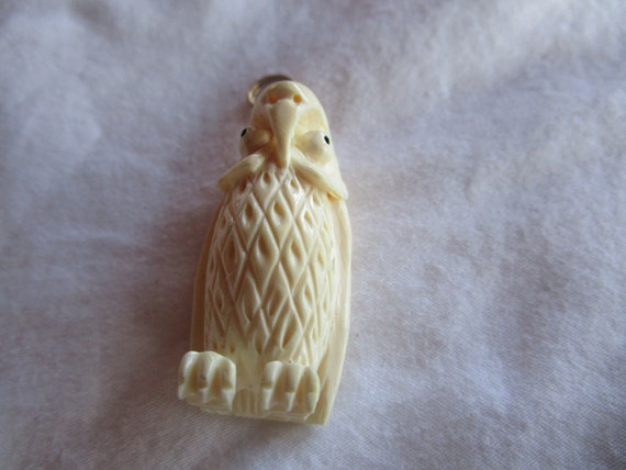 Antique Carved Bone Figural Owl with Gemstone Eye… - image 1