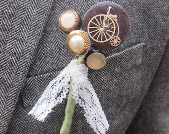 Vintage Buttonhole - Penny Farthing Buttonhole - Unique Wedding Buttonhole