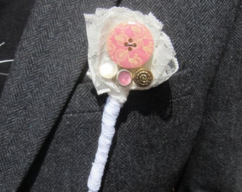 Vintage Buttonhole, Unique Buttonhole, Wedding Buttonhole, Button Buttonhole, Pink Buttonhole